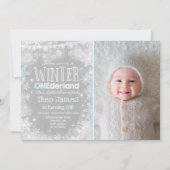 Winter ONEderland Verjaardag Uitnodiging Blauw Wit (Voorkant)