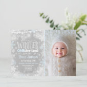 Winter ONEderland Verjaardag Uitnodiging Blauw Wit (Staand voorkant)