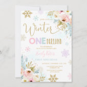 Winter ONEderland Verjaardag Uitnodiging Gold Pink (Voorkant)