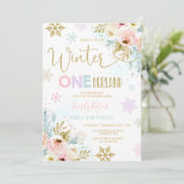 Winter ONEderland Verjaardag Uitnodiging Gold Pink (Staand voorkant)