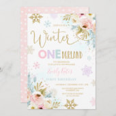 Winter ONEderland Verjaardag Uitnodiging Gold Pink (Voorkant / Achterkant)