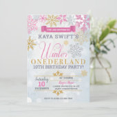 Winter Onederland Verjaardag Uitnodiging Goud & Ro (Staand voorkant)