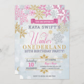 Winter Onederland Verjaardag Uitnodiging Goud & Ro (Voorkant / Achterkant)