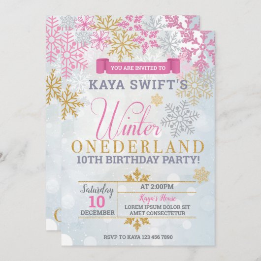 Winter Onederland Verjaardag Uitnodiging Goud & Ro (Voorkant / Achterkant)