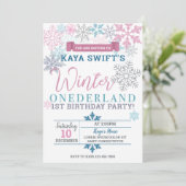 Winter Onederland Verjaardag Uitnodiging Roze & Bl (Staand voorkant)