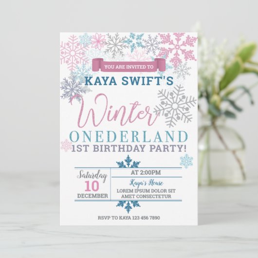 Winter Onederland Verjaardag Uitnodiging Roze & Bl (Staand voorkant)