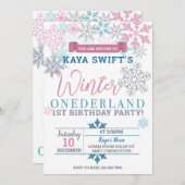 Winter Onederland Verjaardag Uitnodiging Roze & Bl (Voorkant / Achterkant)