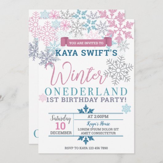 Winter Onederland Verjaardag Uitnodiging Roze & Bl (Voorkant / Achterkant)