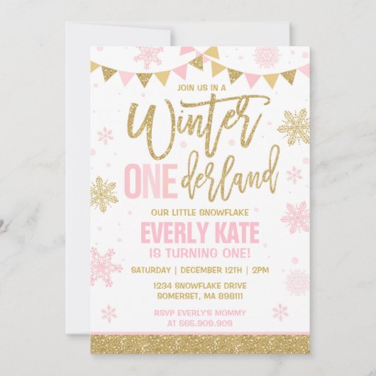 Winter ONEderland Verjaardag Uitnodiging Roze & Go (Voorkant)