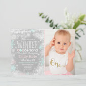 Winter ONEderland Verjaardag Uitnodiging Roze Munt (Staand voorkant)