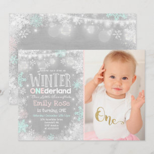 Winter ONEderland Verjaardag Uitnodiging Roze Munt