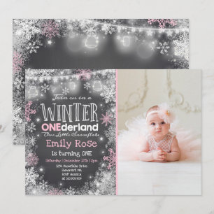 Winter ONEderland Verjaardag Uitnodiging Roze Wit