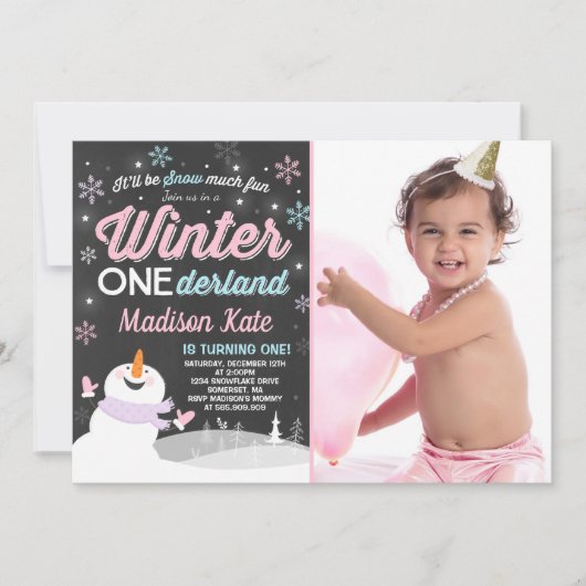 Winter ONEderland Verjaardag Uitnodiging Sneeuwman (Voorkant)