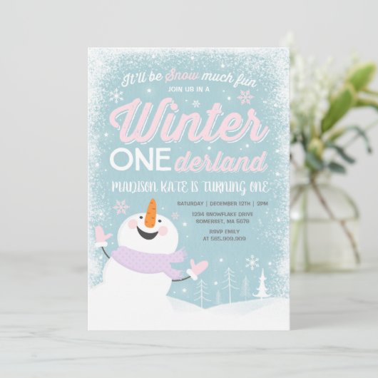 Winter ONEderland Verjaardag Uitnodiging Sneeuwman (Staand voorkant)