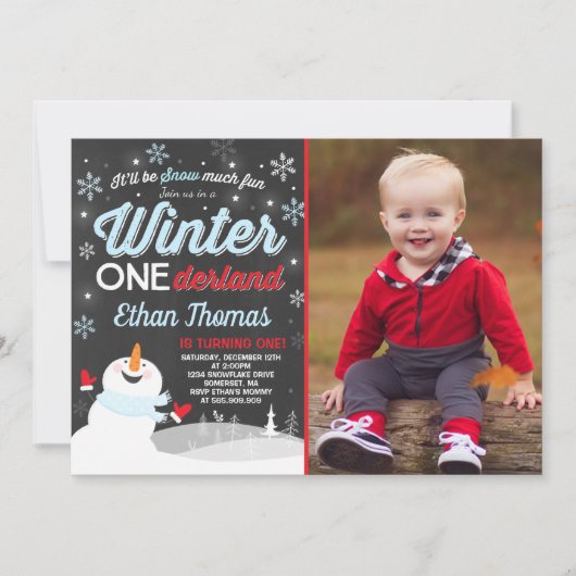Winter ONEderland Verjaardag Uitnodiging Sneeuwman (Voorkant)