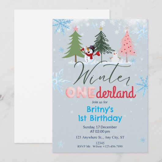 Winter ONEderland Verjaardag Uitnodiging Sneeuwman (Voorkant / Achterkant)