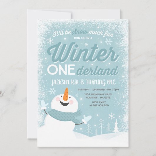Winter ONEderland Verjaardag Uitnodiging Sneeuwman (Voorkant)