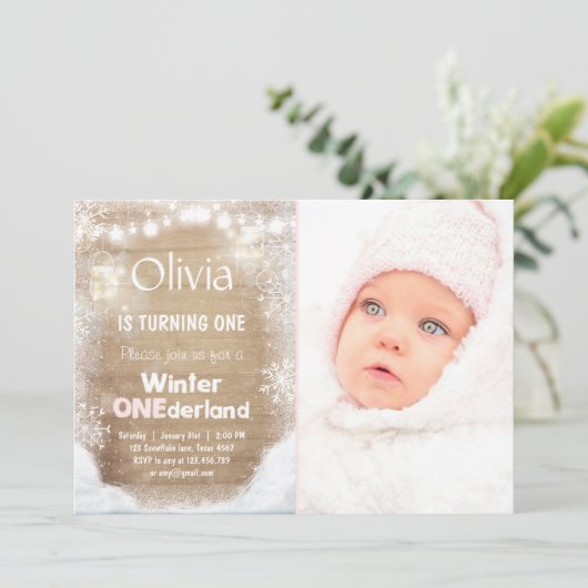 Winter Onederland verjaardag uitnodiging Sneeuwroz (Staand voorkant)