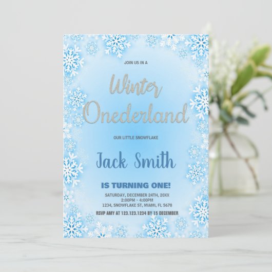 Winter ONEderland Verjaardag Uitnodigingen Blauwe  (Staand voorkant)