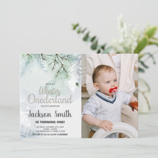 Winter ONEderland Verjaardag Uitnodigingen Pijnboo (Staand voorkant)