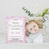 Winter Onederland Verjaardag Uitnodigingen Roze Fo (Staand voorkant)