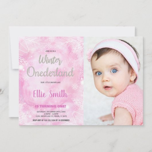 Winter ONEderland Verjaardag Uitnodigingen Roze Fo (Voorkant)