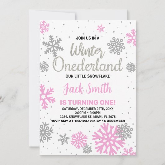 Winter Onederland Verjaardag Uitnodigingen Roze Wi (Voorkant)