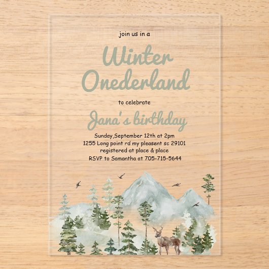 Winter ONEderland Verjaardag | Waterverf Deer Acryl Uitnodigingen (Voorkant)