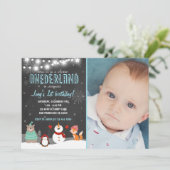 Winter ONEderland verjaardagsfeest uitnodiging bla (Staand voorkant)