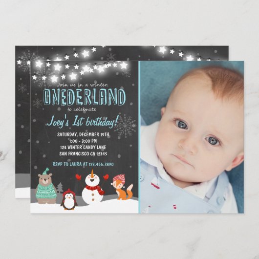 Winter ONEderland verjaardagsfeest uitnodiging bla (Voorkant / Achterkant)