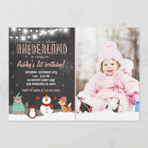 Winter ONEderland verjaardagsfeest uitnodiging roz