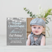 Winter Onederland verjaardagsfeestje nodig Boy Blu Kaart (Staand voorkant)