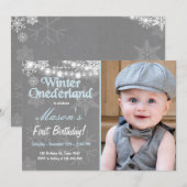 Winter Onederland verjaardagsfeestje nodig Boy Blu Kaart (Voorkant / Achterkant)