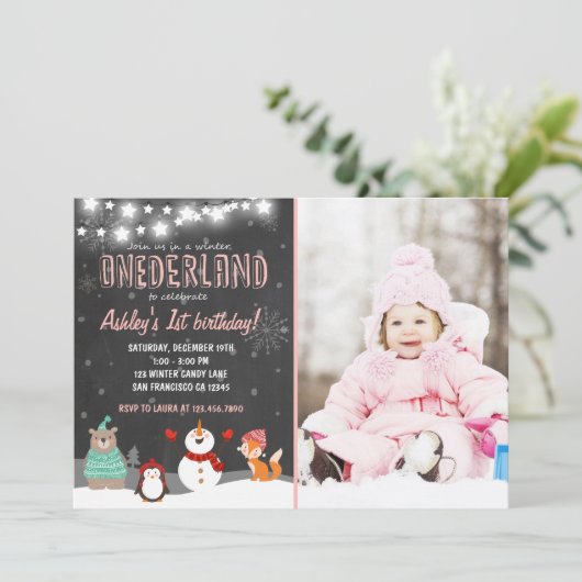 Winter ONEderland verjaardagsfeestje uitnodiging r (Staand voorkant)