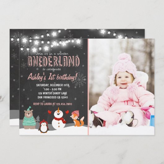 Winter ONEderland verjaardagsfeestje uitnodiging r (Voorkant / Achterkant)