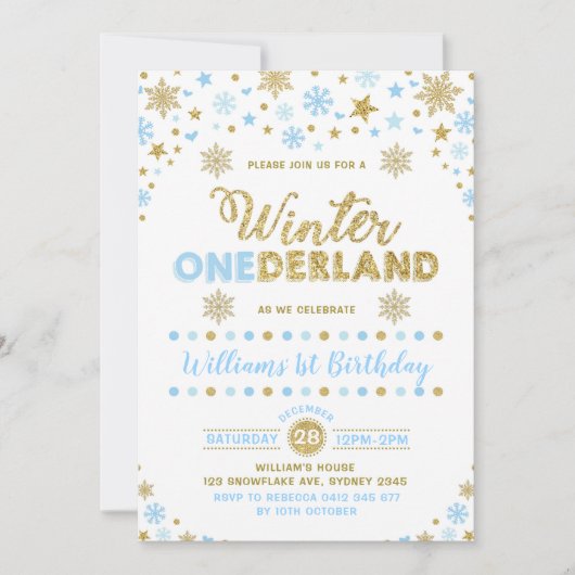 Winter ONEderland verjaardagsuitnodiging blauw gou Kaart (Voorkant)