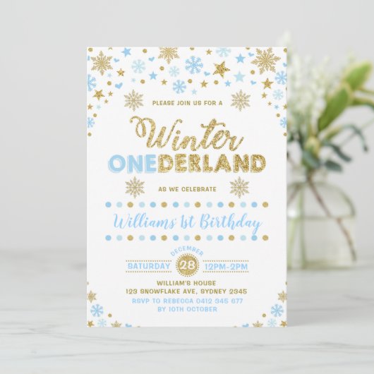Winter ONEderland verjaardagsuitnodiging blauw gou Kaart (Staand voorkant)