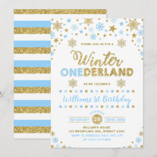 Winter ONEderland verjaardagsuitnodiging blauw gou Kaart