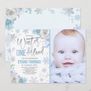 Winter ONEderland verjaardagsuitnodiging blauw zil Kaart