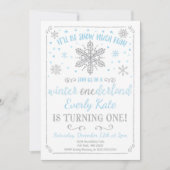Winter ONEderland verjaardagsuitnodiging blauw zil Kaart (Voorkant)