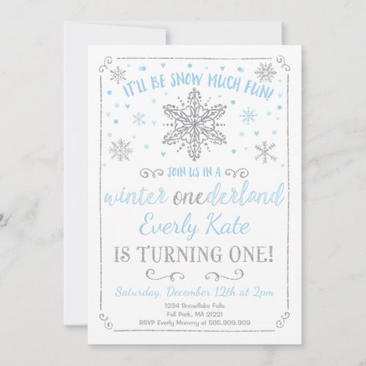 Winter ONEderland verjaardagsuitnodiging blauw zil Kaart (Voorkant)