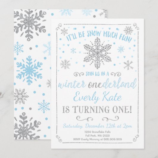 Winter ONEderland verjaardagsuitnodiging blauw zil Kaart (Voorkant / Achterkant)