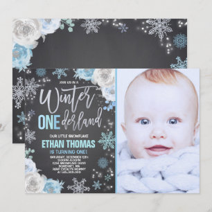 Winter ONEderland verjaardagsuitnodiging blauw zil Kaart