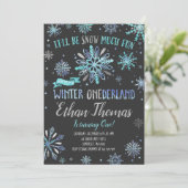 Winter ONEderland verjaardagsuitnodiging blauw zil Kaart (Staand voorkant)