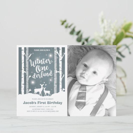 Winter Onederland verjaardagsuitnodiging Deer Birc Kaart (Staand voorkant)