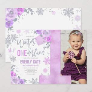 Winter ONEderland Verjaardagsuitnodiging Lila Zilv Kaart