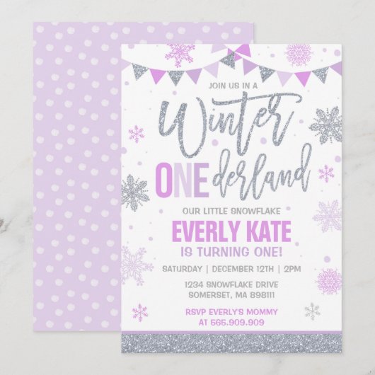 Winter ONEderland Verjaardagsuitnodiging Lilac Zil Kaart (Voorkant / Achterkant)
