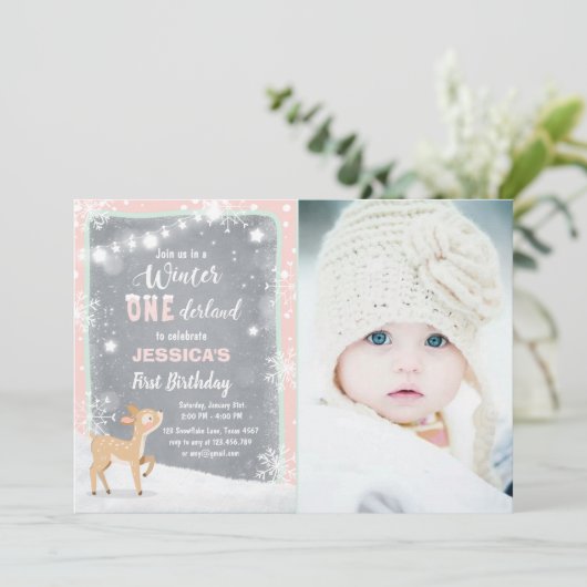 Winter Onederland verjaardagsuitnodiging Mint roze Kaart (Staand voorkant)