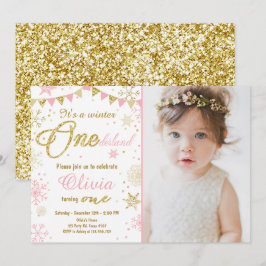 Winter Onederland verjaardagsuitnodiging Pink Gold Kaart