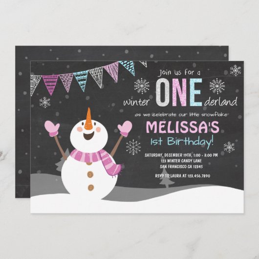 Winter ONEderland verjaardagsuitnodiging Pink Silv Kaart (Voorkant / Achterkant)